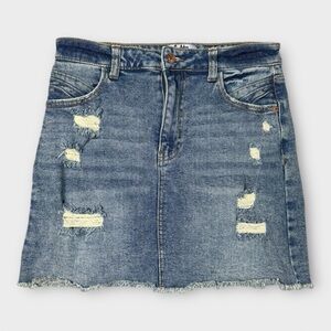 Vylette Jean Mini Skirt Sz 7‎ Blue Acid Wash High Waist Denim Distressed Raw Hem